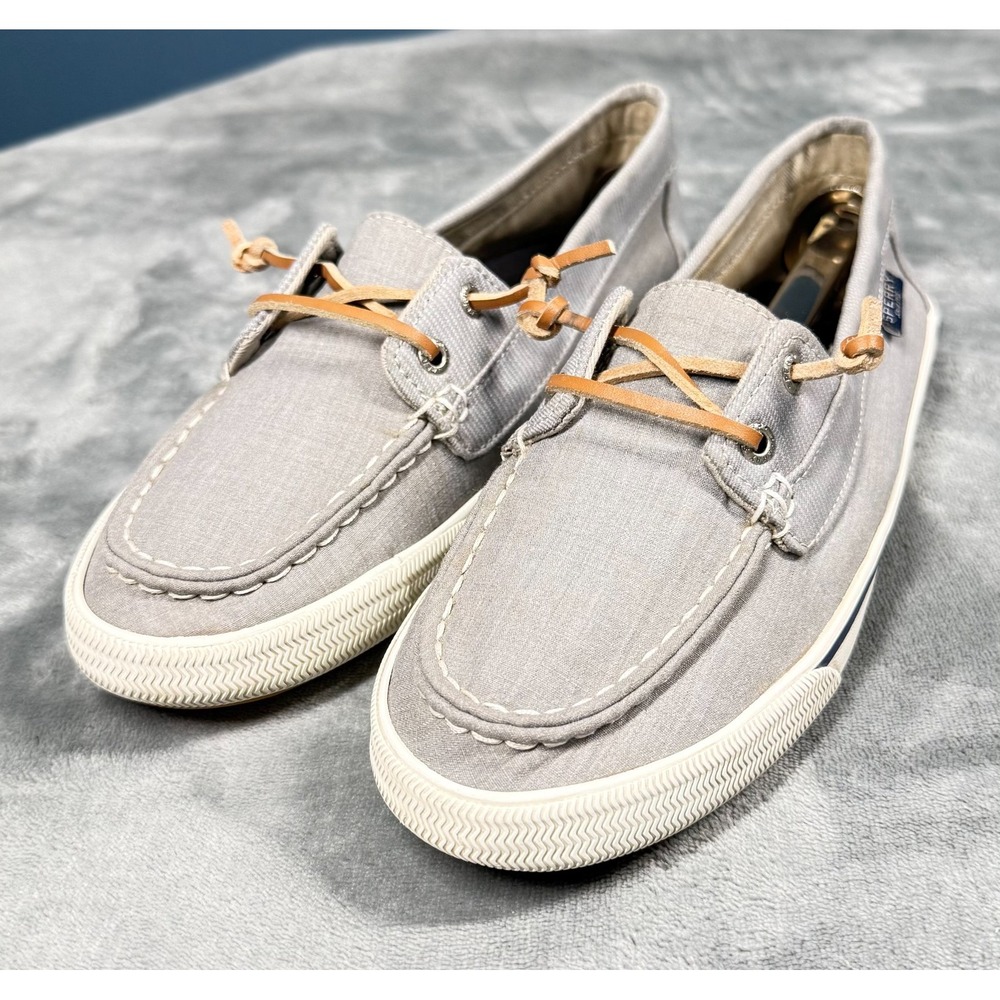 Sperry Boat Shoes Womens 8.5 Gray Canvas Leather Lace Slip On Casual